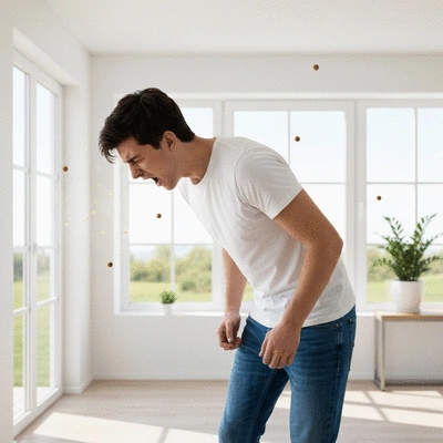 Person sneezing in a clean, modern home environment, with subtle representations of dust mites or pollen in the air. Bright, natural lighting.