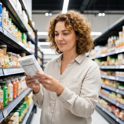 Person reading a food label in a grocery store, focusing on allergy information