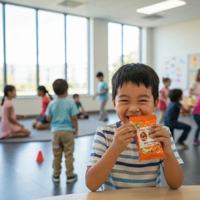 Child happily eating a nut-free snack in a school setting