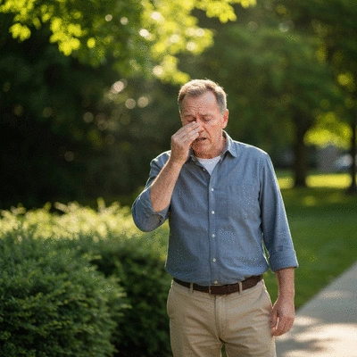 Person experiencing allergy symptoms like sneezing and itchy eyes