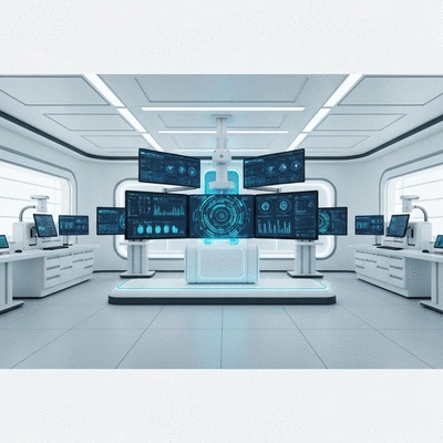 High-tech medical lab with AI interface analyzing data for allergy diagnosis, futuristic, clean, professional, no text, no words, no typography, 8K