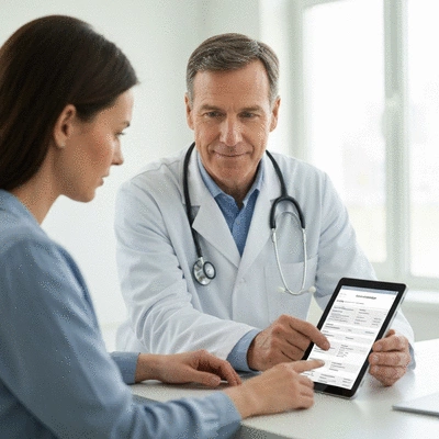 Doctor discussing medication allergies with a patient, showing a tablet with medical information
