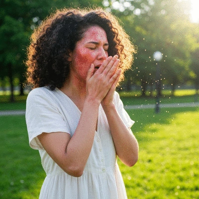 Person experiencing seasonal allergies, sneezing with pollen in the air