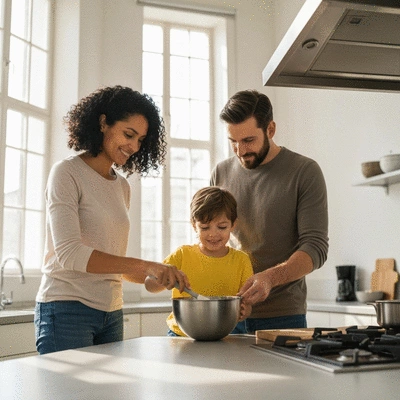Family cooking together in a kitchen, preparing an allergen-free meal, with an adult supervising a child