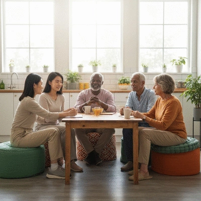 Diverse group of people discussing allergy awareness in a supportive community setting, representing inclusion and shared understanding.