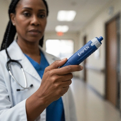 Person holding an EpiPen injector, ready for use, with a blurred background of a medical setting