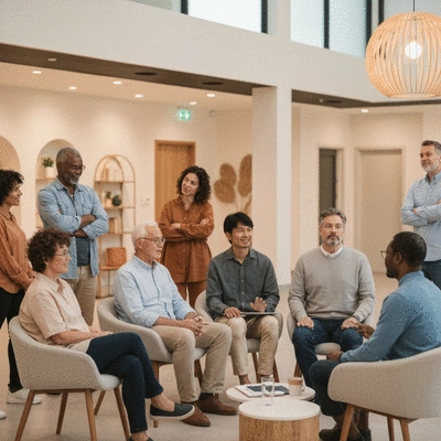 Diverse group of people in a support group setting, listening and sharing, representing medication allergy patients, clean image, no text