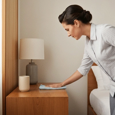 Person dusting a wooden bedside table with a damp cloth in a tidy, allergy-friendly bedroom