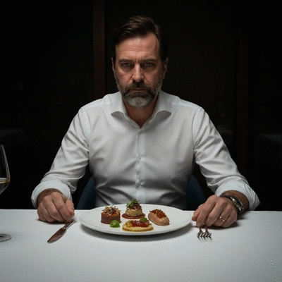 Person looking thoughtfully at a plate of food, symbolizing food allergy concerns and mental health