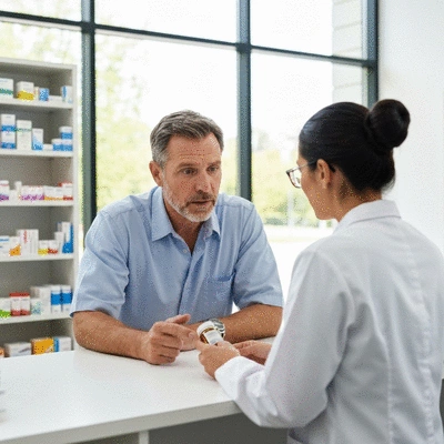 Patient discussing medication concerns with a pharmacist at a counter