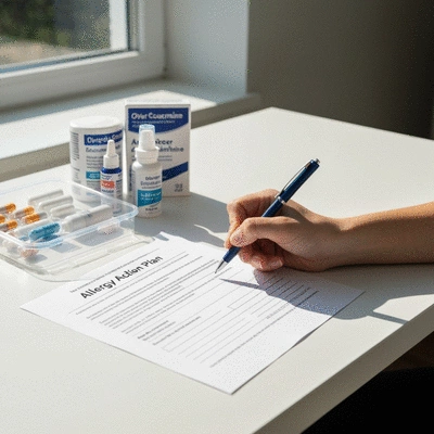 Person filling out an Allergy Action Plan document, with a pen and various allergy medications visible on a clean desk, bright lighting, no text, no words, no typography, 8K