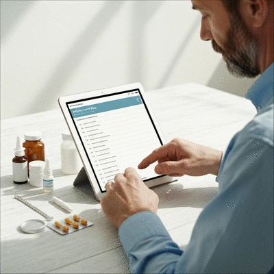 Person creating a medication transition plan on a tablet with various allergy medications around, clean image, no text