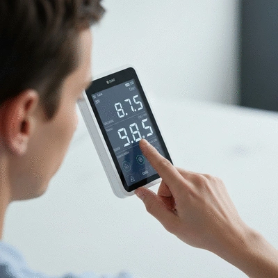 Person checking an air quality monitor with a clear, clean background
