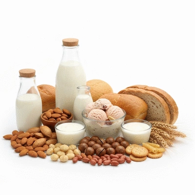 Assortment of common allergenic foods like nuts, dairy, and wheat, on a clean background, no text, no words, no typography, clean image
