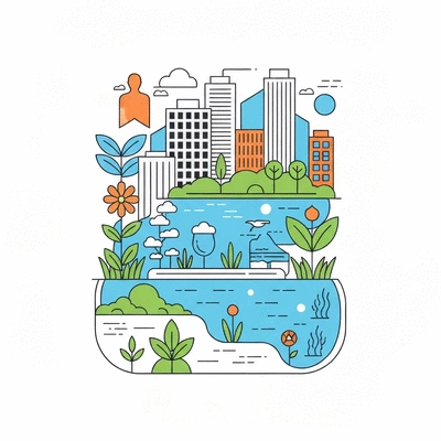 Stylized graphic showing interconnected elements of health, environment, and plants, illustrating sustainability and urban biodiversity. No text, no words, no typography, no labels, clean image.