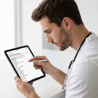 Person reviewing medication information on a tablet, with a focus on understanding ingredients and potential allergens, no text, no words, no typography, clean image