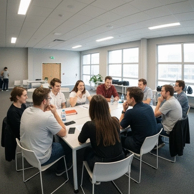 Diverse group of people discussing food allergies at a support group meeting