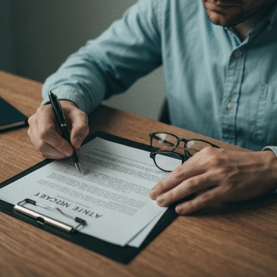 Person reviewing legal documents about allergy rights with a pen and glasses on a wooden table, representing documentation and advocacy.