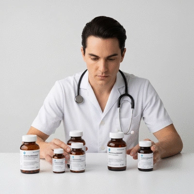 Person looking at various medication bottles, clean background, no text