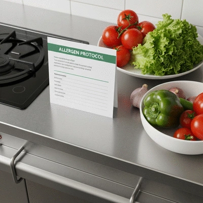 Allergen protocol card displayed in a modern kitchen
