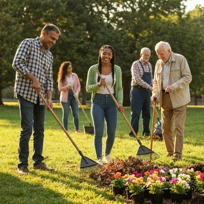 A diverse group of people participating in a community clean-up event, symbolizing advocacy for cleaner air, with no text, no words, no typography, 8K, natural lighting