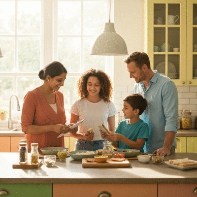 Diverse family cooking together in a kitchen, emphasizing shared learning and support for allergy management, no text, no words, no typography