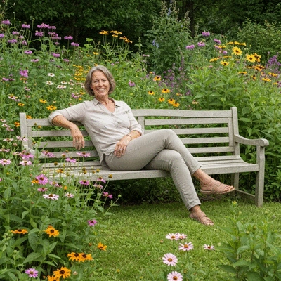 Person enjoying a lush, vibrant, low-pollen garden without allergy symptoms, surrounded by insect-pollinated flowers, no text, no words, no typography, clean image