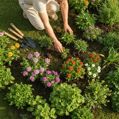 Overhead shot of a person tending to a vibrant, low-pollen garden with various plants, gardening tools, and natural light, no text, no words, no typography, clean image