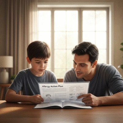 Parent and child reviewing an allergy action plan together