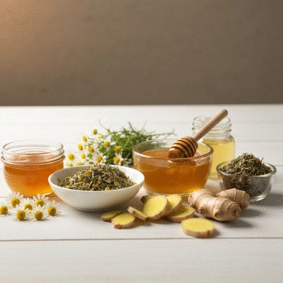Herbal remedies and natural ingredients on a wooden table, representing natural allergy relief