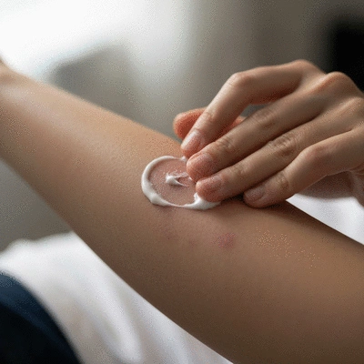 Person applying cream to an irritated skin rash on their arm