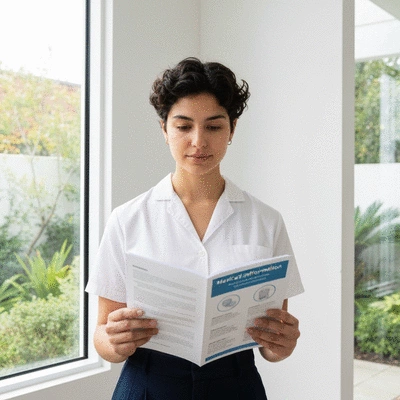 Person looking thoughtfully at a medical information pamphlet, bright, clean, modern setting, no text, no words, no typography, 8K