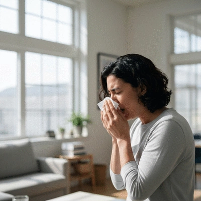 Person sneezing into a tissue in a clean, modern home environment