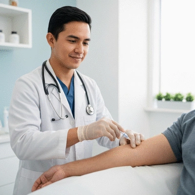 Person receiving allergy shots from a medical professional in a clean clinic setting