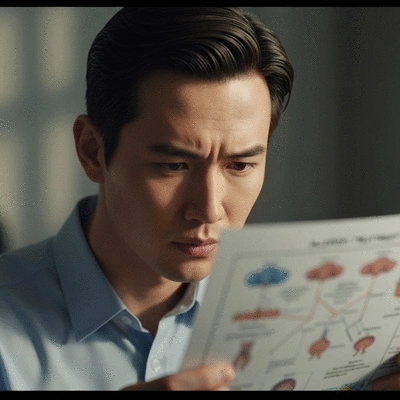 Thoughtful person considering allergy treatment options, looking at a diagram or medical chart