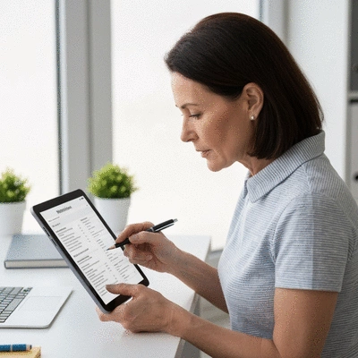Woman reviewing medication information on a tablet, symbolizing proactive health management