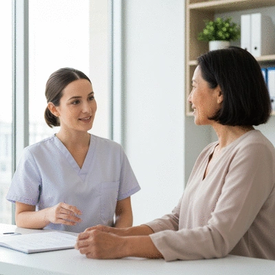 Healthcare professional consulting with a patient about medication allergies, modern clinic, clear communication, no text, no words, no typography, 8K