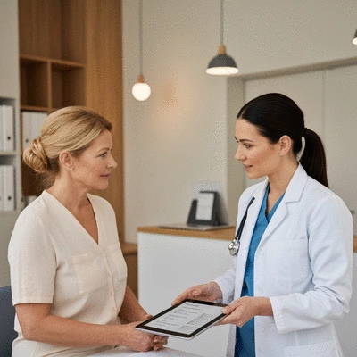 Patient discussing medication allergies with a doctor in a clinic setting